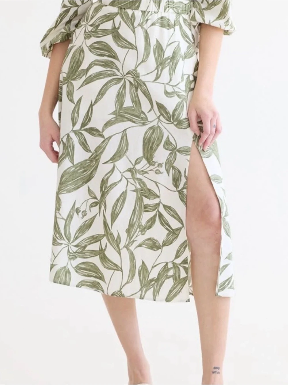 Reitmans Linen-Blend Midi Skirt Set Green Leaf Pattern High Side Slit Size XXL - Picture 3 of 16